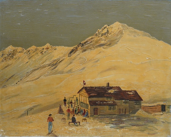 Stafford Bourne, mid 20th century oil on canvas, Alpine landscape with figures, signed and dated 1953, 40 x 51cm, unframed. Condition - fair, in need of a clean